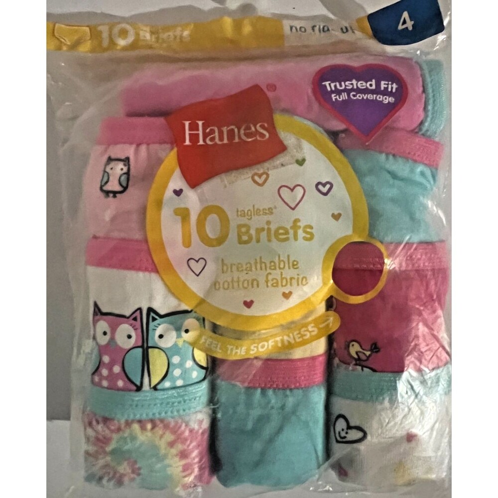Hanes Underwear Girl's Size 4 Tagless Cotton Briefs 10 Pairs NWT No Ride Up Full